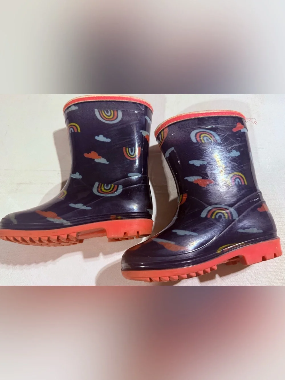 Carter's Navy Rain Boots with Rainbow & Orange Accents